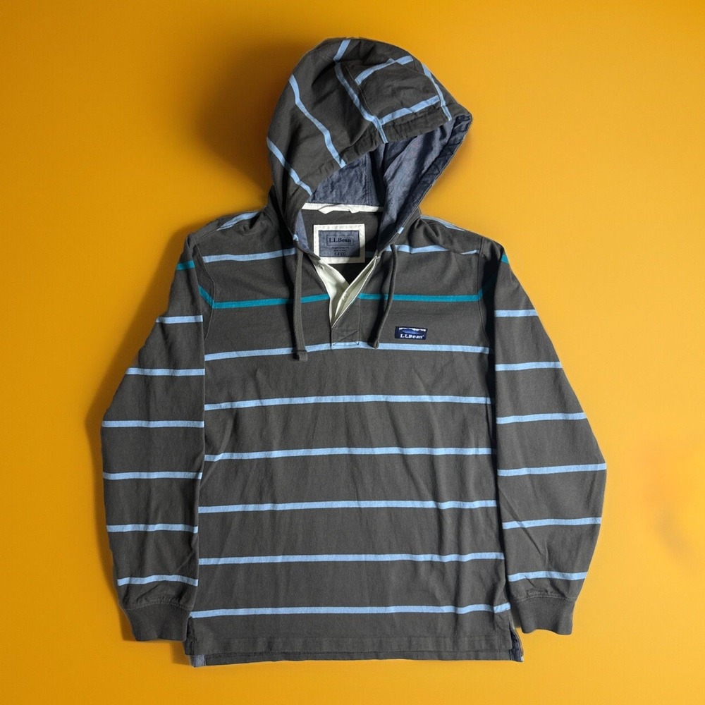 LL Bean Lakewashed Rugby Hoodie Mens Small  Gray Traditional Pullover Striped